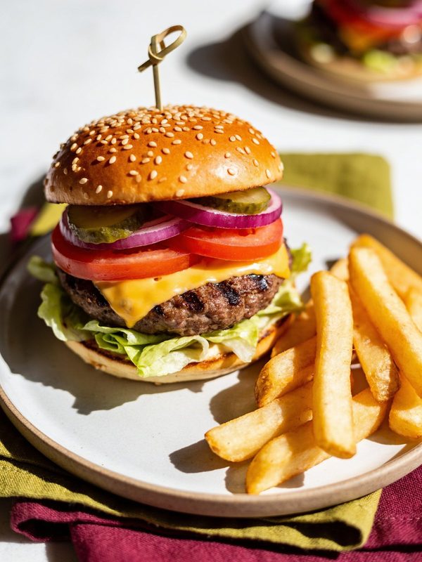 A cheeseburger with a grilled patty, melted American cheese, lettuce, tomato, red onion and pickles on a sesame bun, with fries on the side.
