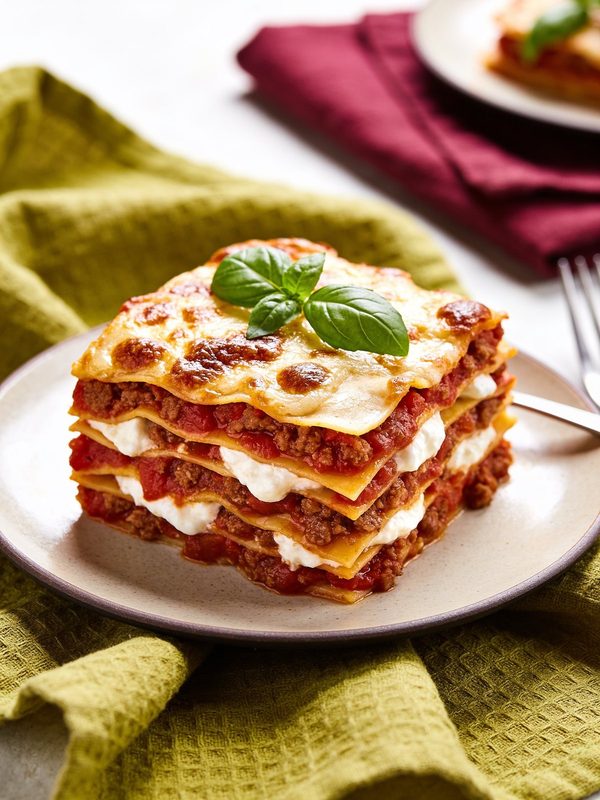 A thick square of lasagna with layers of pasta, red meat sauce, white ricotta and browned melted mozzarella, topped with fresh basil.