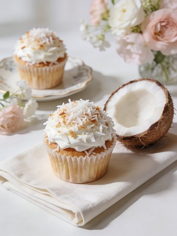 Coconut cupcakes with white cream cheese frosting covered in white and toasted shredded coconut, with half a fresh coconut beside them.