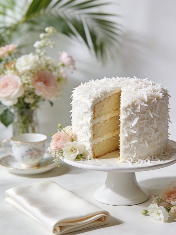 A tall white three-layer coconut cake covered in shredded coconut with a slice cut out, on a white cake stand with flowers and a palm leaf behind.