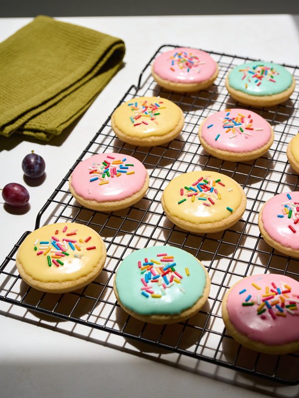 Galletas redondas de azúcar con un glaseado liso y brillante en colores pastel y chispas de colores, secándose sobre una rejilla de metal.