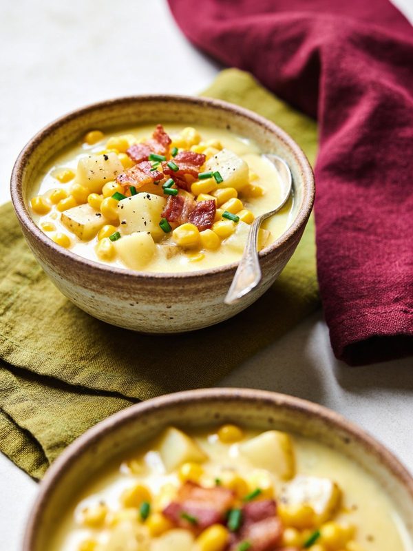 A rustic bowl of creamy pale yellow corn chowder with sweet corn kernels, diced potatoes, crispy bacon, chopped chives and black pepper.