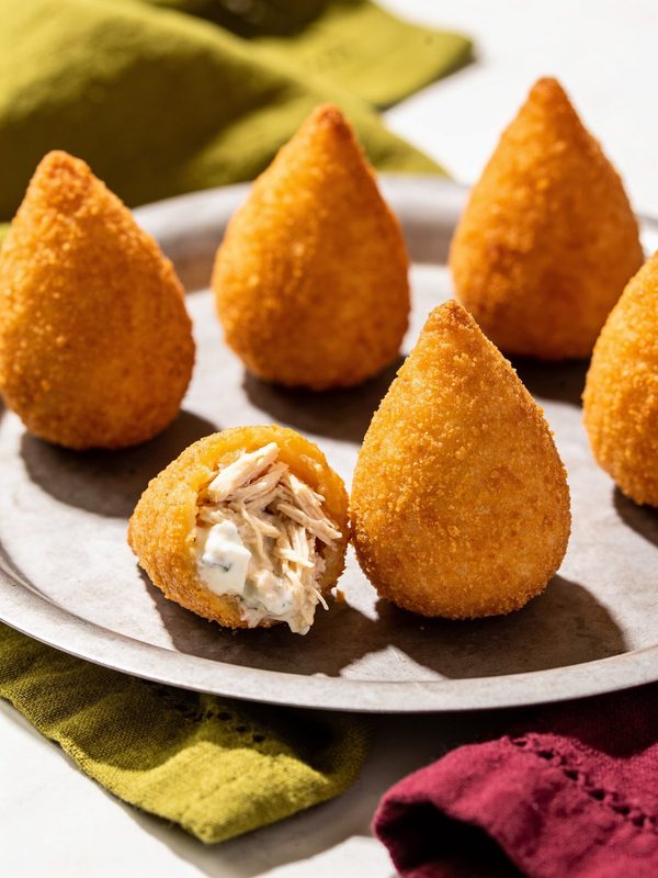 Golden teardrop-shaped coxinhas on a metal tray, one cut open to show shredded chicken and creamy cheese.