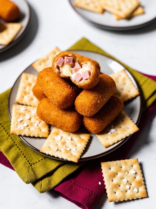 Golden ham croquetas on a plate with saltine crackers, one broken open to show the creamy ham filling.