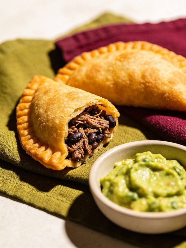 Golden Venezuelan corn empanadas, one cut open to show shredded beef and black beans, with a bowl of guasacaca.