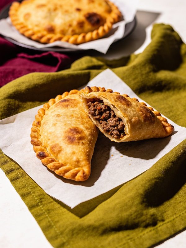 Golden fried empanadillas with crimped edges, one cut open to show a beef picadillo filling.