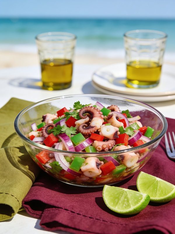 A glass bowl of octopus salad with diced red and green bell peppers, red onion and cilantro, with lime wedges and the beach behind.
