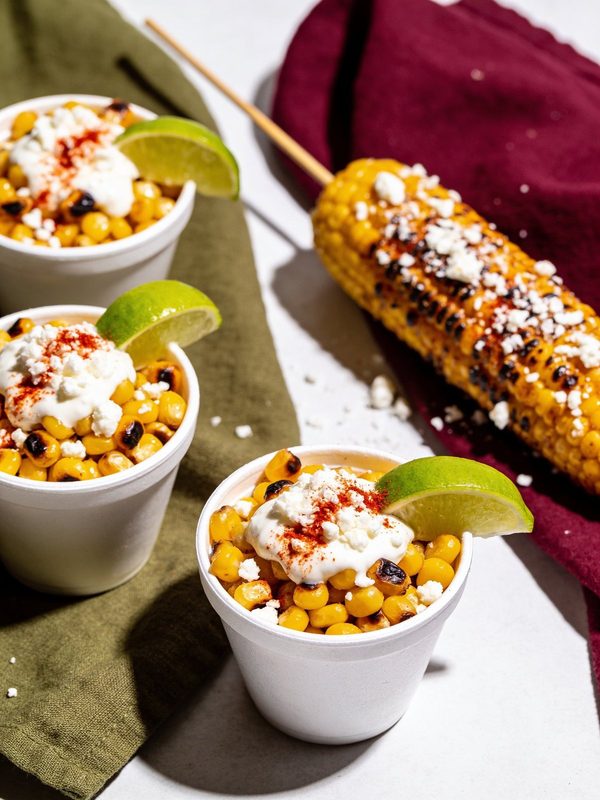 Cups of charred esquites topped with creamy sauce, crumbled cotija, chile powder and lime wedges, with a grilled elote on a stick behind them.