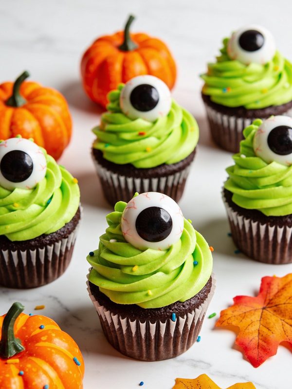 Chocolate cupcakes with bright green buttercream swirls, each topped with a big candy eyeball, with mini pumpkins and sprinkles around.