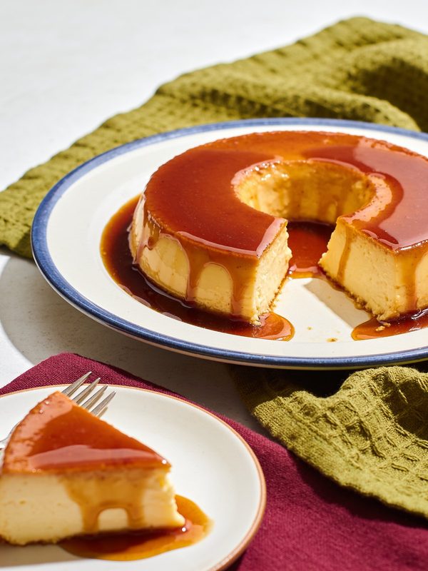 A round cream cheese flan on a platter, covered in glossy amber caramel, with one slice cut out.
