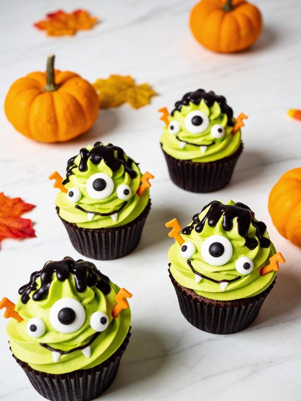 Chocolate cupcakes in black liners with lime green buttercream monster faces, chocolate hair, candy eyes, white fangs and orange bolts.