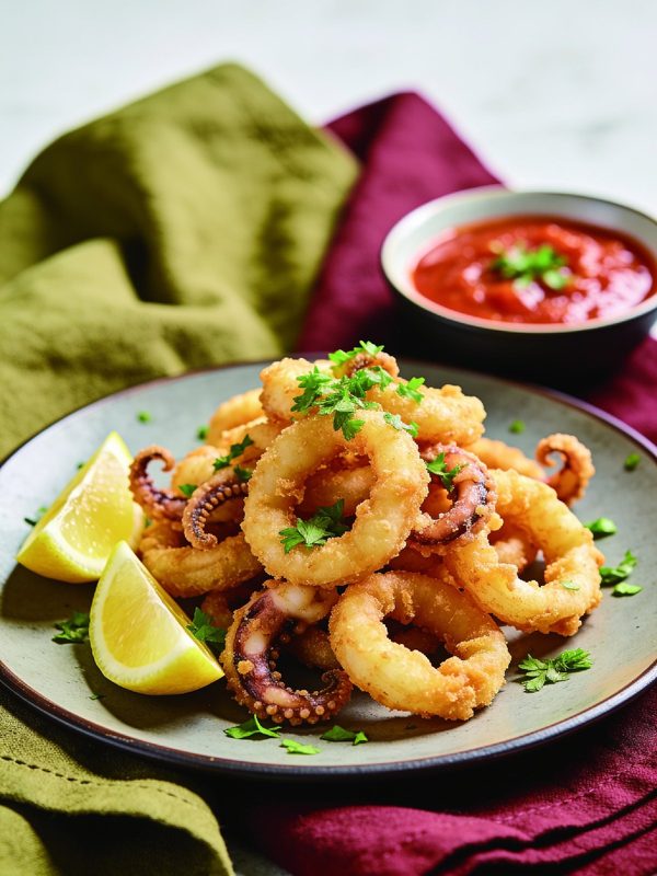 Golden fried calamari rings and tentacles sprinkled with parsley on a plate, with lemon wedges and a small bowl of marinara sauce.