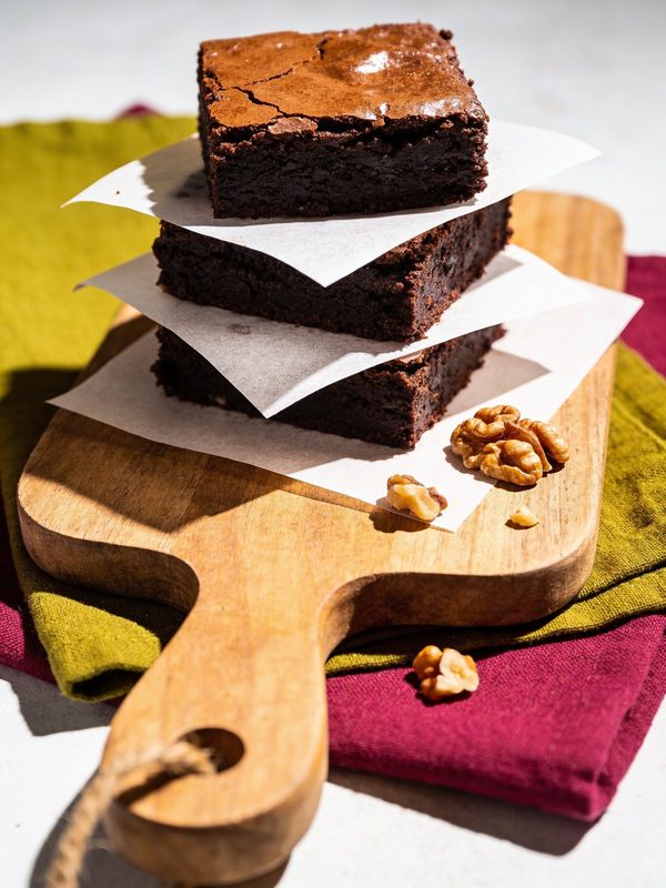 Three fudgy brownies with shiny crackly tops stacked on parchment paper on a wooden board, with walnuts.