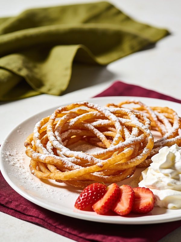 A golden funnel cake dusted with powdered sugar on a white plate, with sliced strawberries and whipped cream on the side.