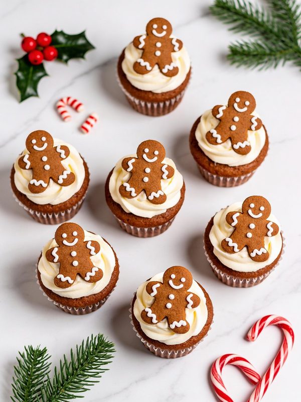 Spiced gingerbread cupcakes with swirls of cream cheese frosting, each topped with a small gingerbread man cookie with white icing details.