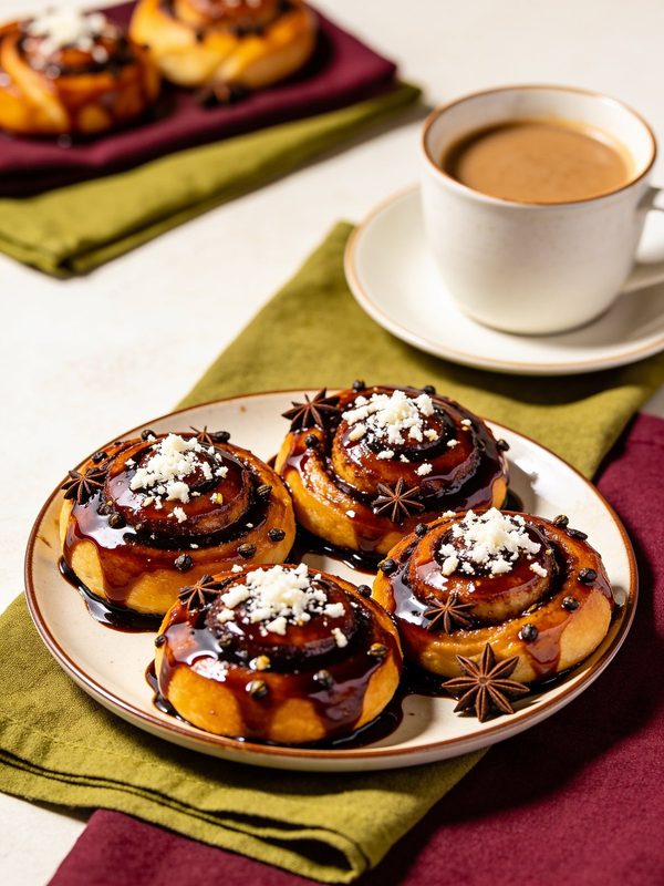 Golfeados glazed with dark papelón syrup, topped with crumbled white cheese and star anise, next to a cup of coffee.