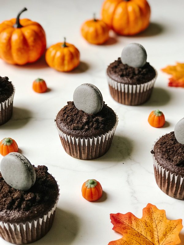 Chocolate cupcakes topped with cookie crumb soil and a smooth gray cookie tombstone, with candy pumpkins and mini pumpkins around them.