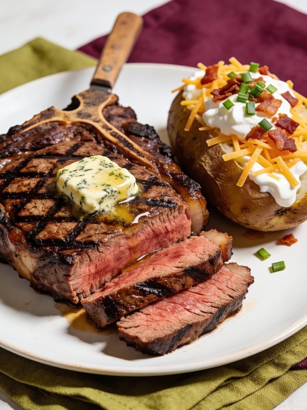 A grilled ribeye with dark crosshatch marks, sliced to show a pink center and topped with melting herb butter, next to a baked potato loaded with sour cream, cheddar, bacon and chives.