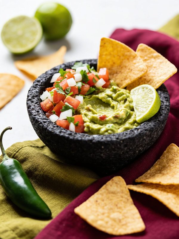 Guacamole in a stone molcajete topped with diced tomato, onion and cilantro, with tortilla chips, a lime wedge and a jalapeño.