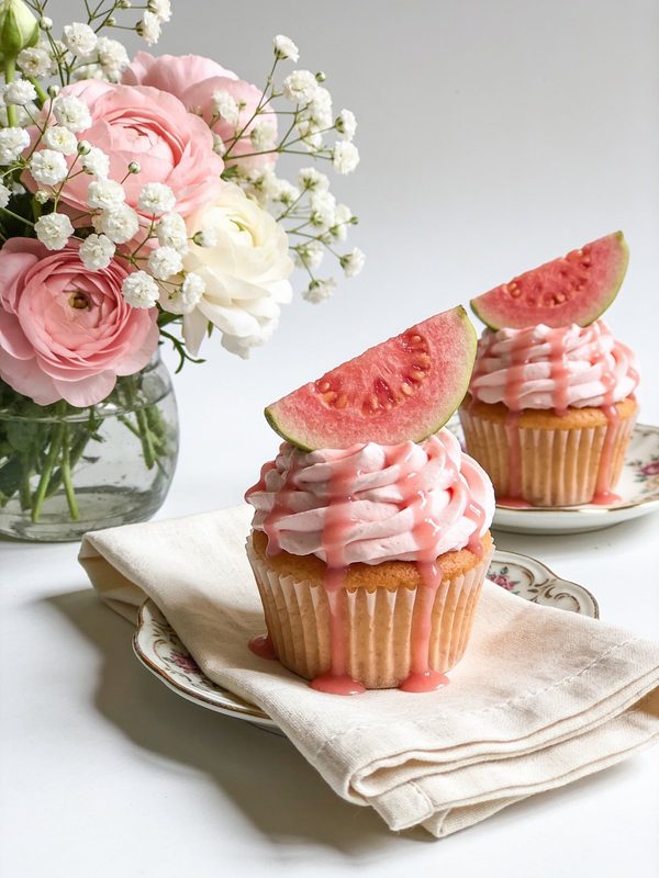 Vanilla cupcakes with pink guava cream cheese frosting, a guava glaze drizzle and a wedge of fresh pink guava on top, with pink flowers behind.