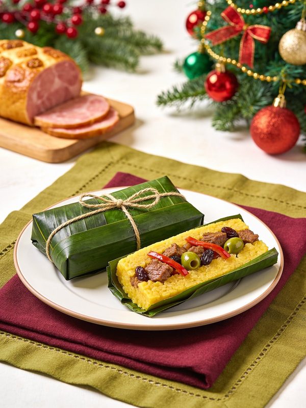 A banana leaf hallaca tied with twine next to an open one showing yellow masa topped with beef, olives, raisins and red pepper strips.