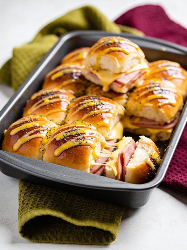 A baking pan of golden sweet roll sliders filled with ham and melted Swiss, glazed with butter, mustard and poppy seeds, with one pulled apart.