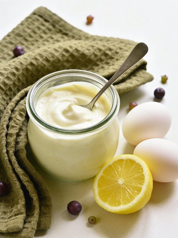 A glass jar of thick, pale homemade mayonnaise with a spoon resting in it.