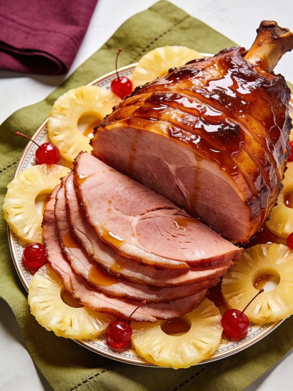 A spiral-sliced bone-in ham with a shiny caramelized honey glaze on a platter with pineapple rings and red cherries.