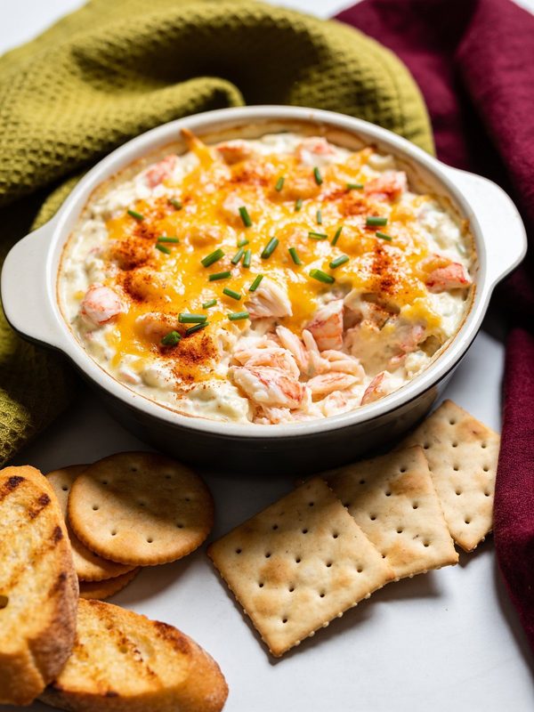 Baked crab dip with chunks of crab, melted cheddar, paprika and chives, with crackers and toasted baguette.