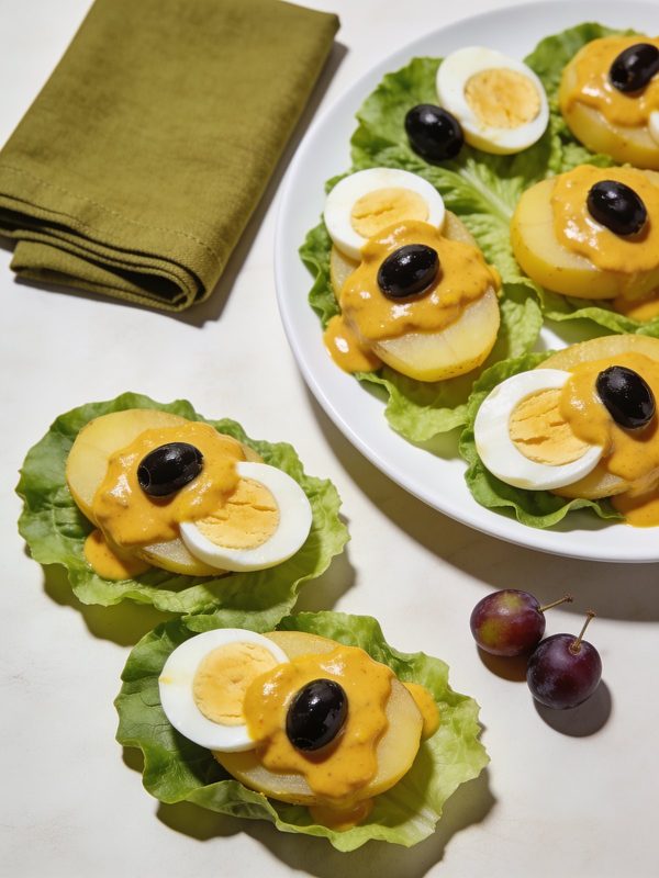 Sliced boiled potatoes covered with creamy yellow huancaína sauce, black olives and halved boiled eggs on lettuce leaves.