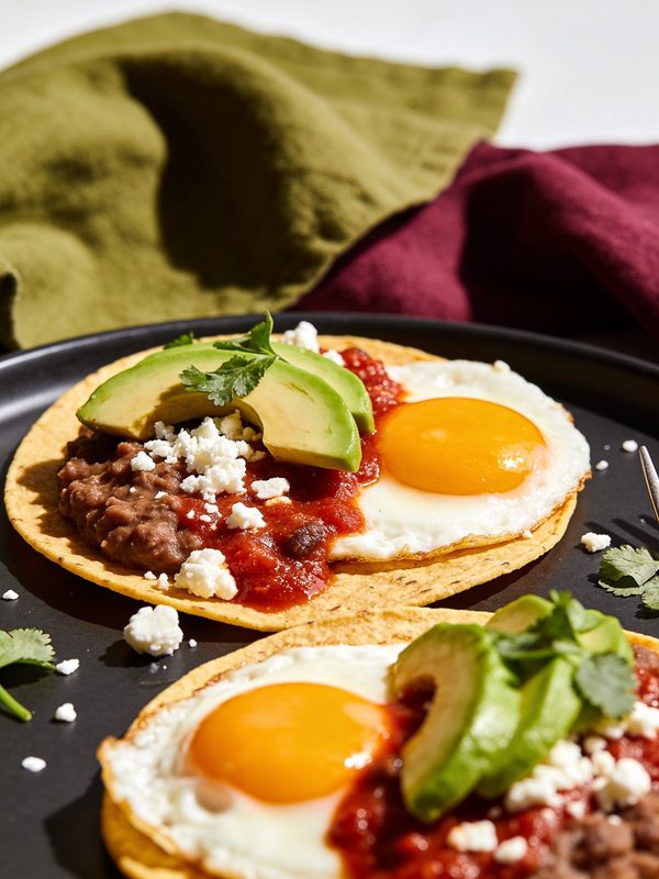Two crisp corn tostadas with refried beans, red ranchera salsa, sunny-side-up eggs, avocado slices, crumbled queso fresco and cilantro.