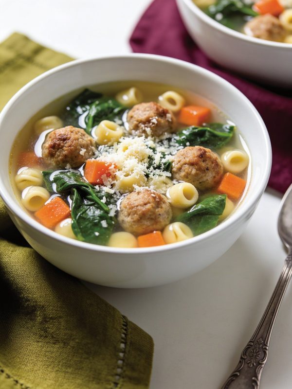 A bowl of clear broth with small browned meatballs, little tube pasta, spinach and diced carrots, topped with grated Parmesan.