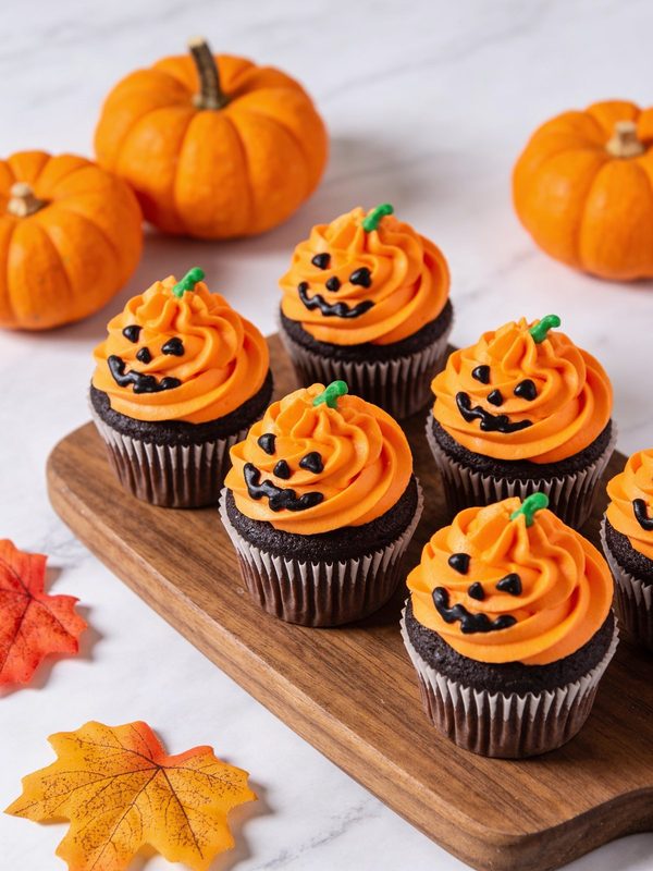 Chocolate cupcakes with orange pumpkin swirls, black jack-o'-lantern faces and green stems on a wooden board with mini pumpkins.