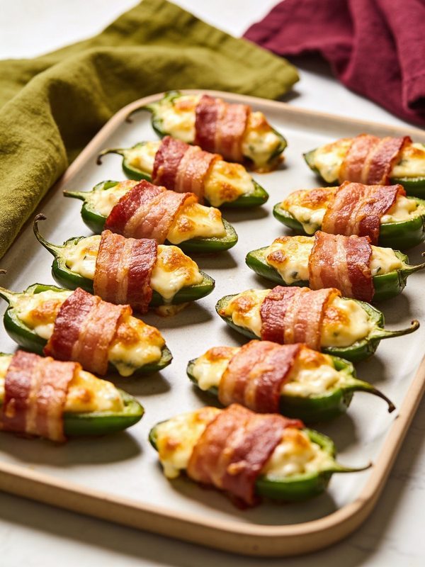 Rows of halved jalapeños filled with golden, bubbly cheese and wrapped in crisp bacon on a platter.
