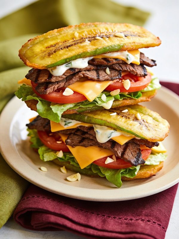 Two jibaritos of crispy flattened green plantain with grilled steak, American cheese, tomato, lettuce and garlic mayo.