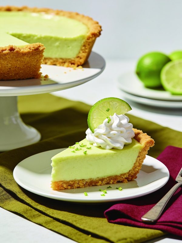 A slice of key lime pie with a pale green filling and graham crust, topped with whipped cream, a lime wheel and lime zest.