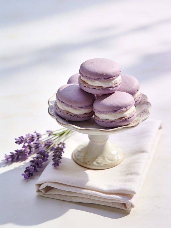 Pale lavender macarons with thick white filling on a small cream cake stand, with sprigs of fresh lavender.
