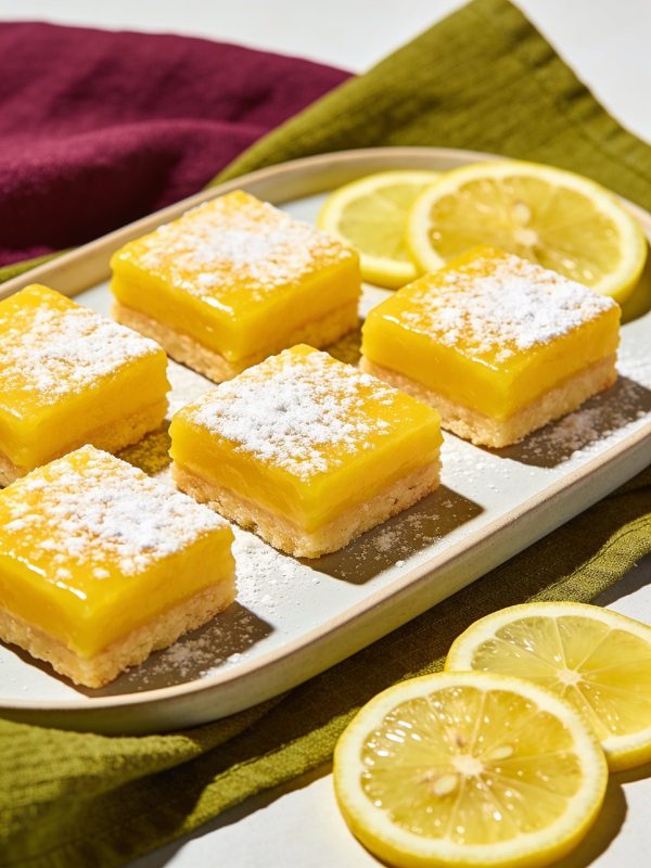 Square lemon bars with a bright yellow lemon layer on shortbread, dusted with powdered sugar, on a platter with lemon slices.
