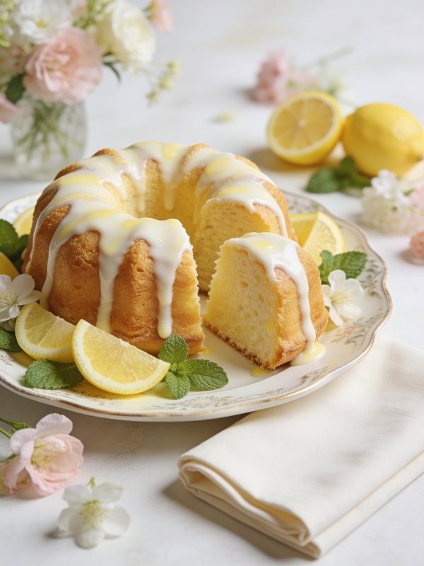 A golden lemon bundt cake with thick white lemon glaze dripping down the sides, a slice cut out, lemon slices and mint leaves on the plate.