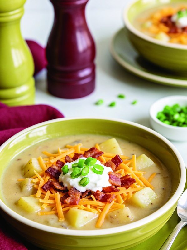 A bowl of creamy potato soup with tender potato chunks, topped with shredded cheddar, crispy bacon, a dollop of sour cream and sliced green onions.