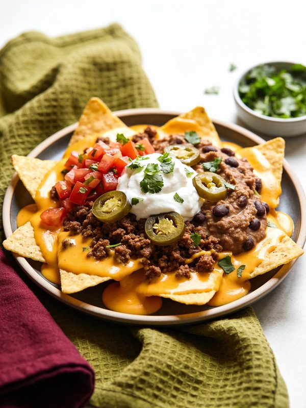 A platter of tortilla chips covered with melted cheese sauce, seasoned ground beef, refried beans, jalapeño slices, diced tomatoes, sour cream and cilantro.