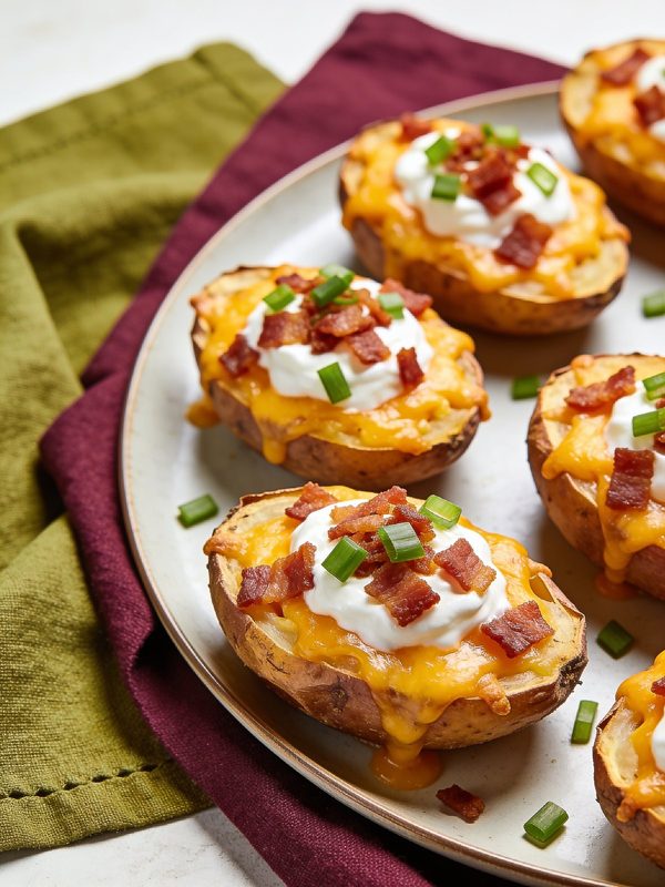 Crispy potato skin halves filled with melted cheddar and crumbled bacon, topped with sour cream and green onions, on a platter.