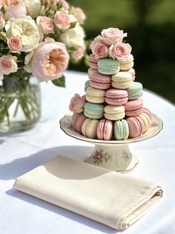 A tower of pastel pink, mint and ivory macarons topped with pink roses on a floral cake stand at an outdoor party.