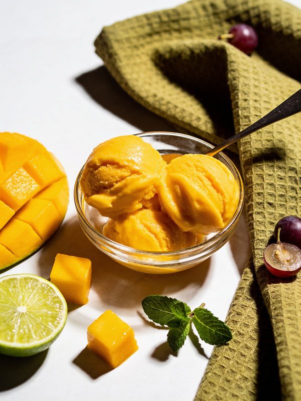 Scoops of bright orange mango sorbet in a bowl with a wedge of lime.