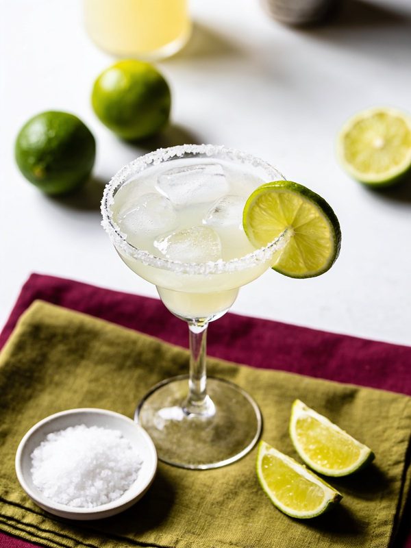 A margarita on the rocks in a salt-rimmed glass with a lime wheel, next to limes and a small bowl of coarse salt.