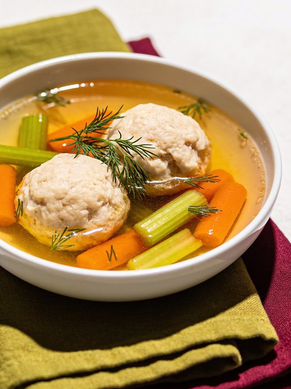 A bowl of clear golden chicken broth with two large fluffy matzo balls, carrot and celery sticks and sprigs of fresh dill.