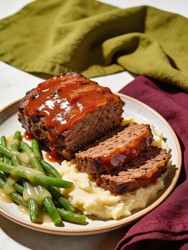 Thick slices of meatloaf with a shiny ketchup glaze on a plate with creamy mashed potatoes and buttered green beans.