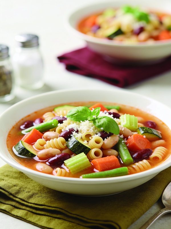 A bowl of minestrone in light tomato broth with small spiral pasta, cannellini and kidney beans, zucchini, carrots, celery and green beans, topped with Parmesan and basil.