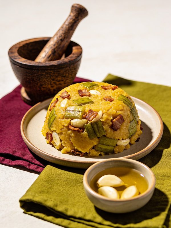 A dome of mofongo with crispy pork bits and garlic cloves on a plate, with a wooden pilón and a small bowl of garlic oil.