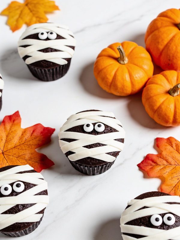 Chocolate cupcakes wrapped in white buttercream ribbons with two candy eyes peeking out, with mini pumpkins and autumn leaves.
